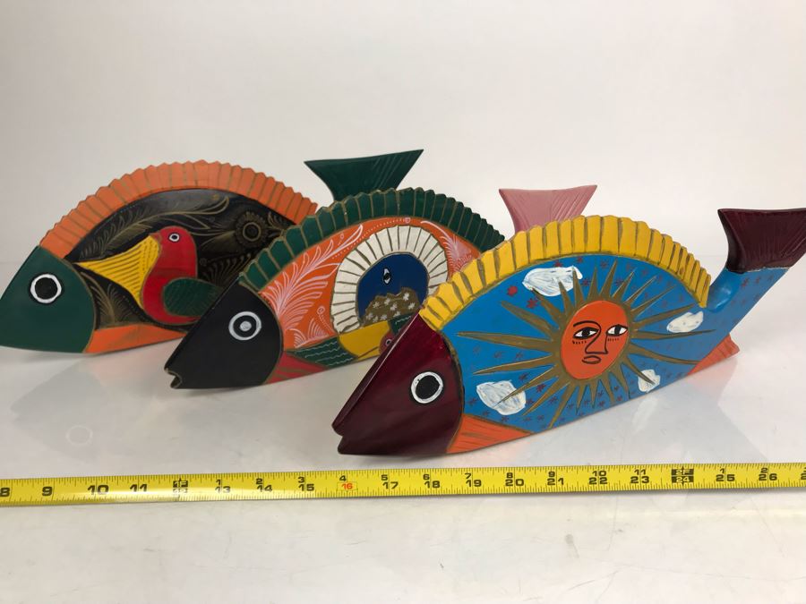 Set Of (3) Handpainted Wooden Fish Sculptures 18W X 6.5H - LJE [Photo 1]