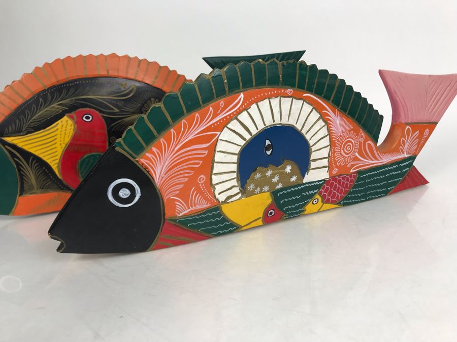 Set Of (3) Handpainted Wooden Fish Sculptures 18W X 6.5H - LJE [Photo 4]