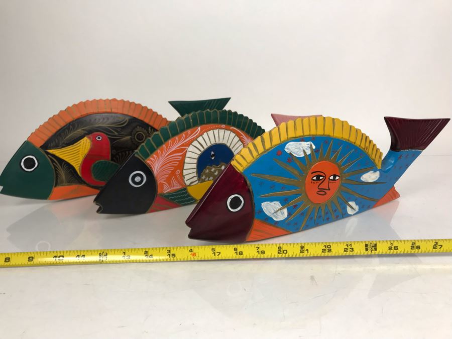 Set Of (3) Handpainted Wooden Fish Sculptures 18W X 6.5H - LJE [Photo 2]