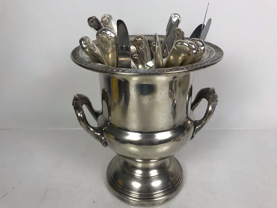 Silverplate Champagne Bucket With 1847 Rogers Bros EP Flatware Set - LJE [Photo 2]