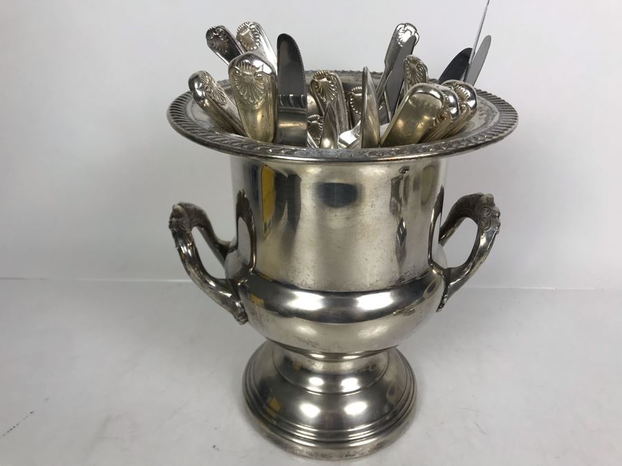 Silverplate Champagne Bucket With 1847 Rogers Bros EP Flatware Set - LJE