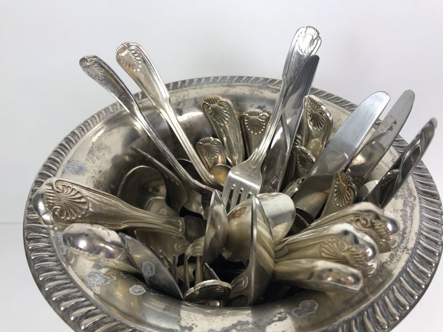 Silverplate Champagne Bucket With 1847 Rogers Bros EP Flatware Set - LJE [Photo 3]