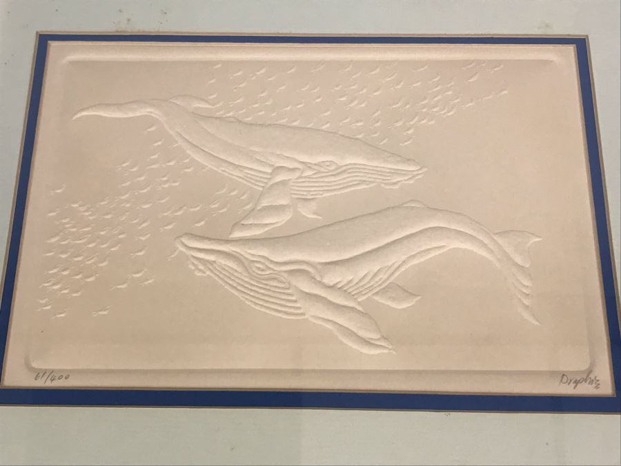 Limited Edition Hand Signed Embossed Paper Humpback Whales Etching 14W X 14H Frame - LJE [Photo 3]