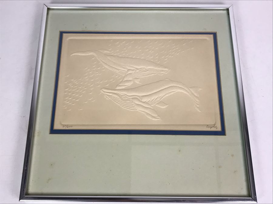 Limited Edition Hand Signed Embossed Paper Humpback Whales Etching 14W X 14H Frame - LJE [Photo 1]