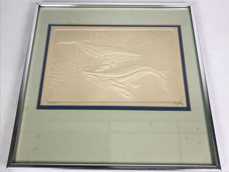 Limited Edition Hand Signed Embossed Paper Humpback Whales Etching 14W X 14H Frame - LJE [Photo 2]