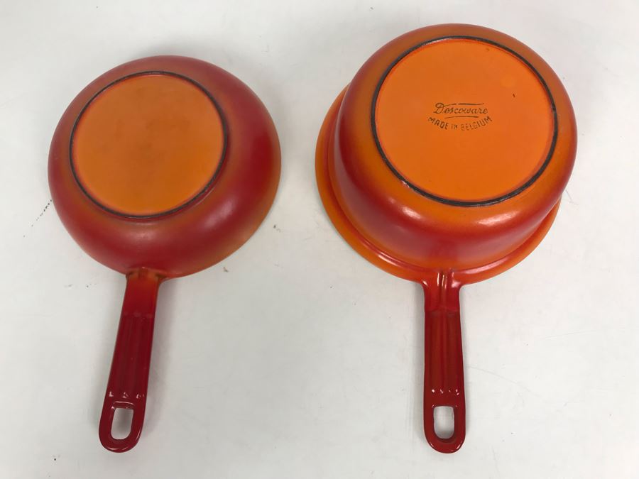 Vintage Descoware Cast Iron Orange Enamel Sauce Pot Skillet Lid Combo Made In Belgium [Photo 5]