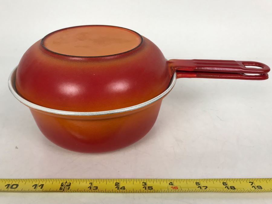Vintage Descoware Cast Iron Orange Enamel Sauce Pot Skillet Lid Combo Made In Belgium