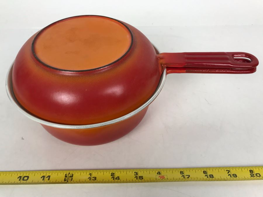 Vintage Descoware Cast Iron Orange Enamel Sauce Pot Skillet Lid Combo Made In Belgium [Photo 2]