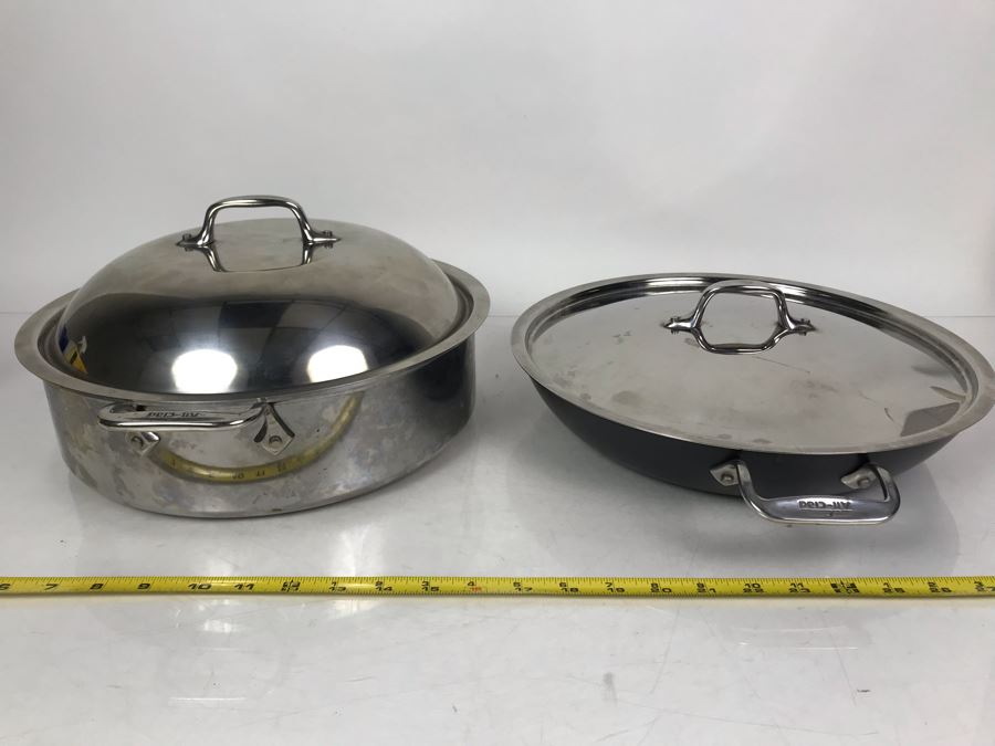 Pair Of All-Clad Stainless Steel Professional Double Handled Pots With Lids