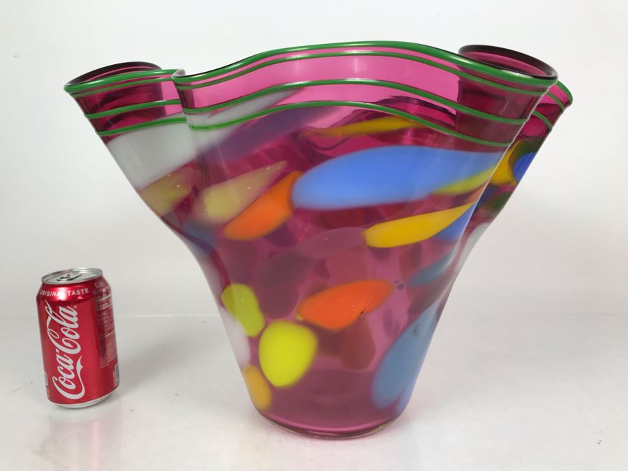 Vintage 2004 Large Signed Studio Art Glass Vase 17W X 12H - See Photos For Illegible Signature [Photo 10]