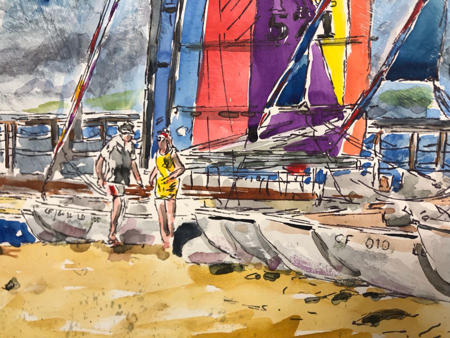 Original Signed Painting Of San Diego Bayfront With Hobie Sailboats By Maria 'Van Den Haag' Becker 40W X 32H [Photo 5]