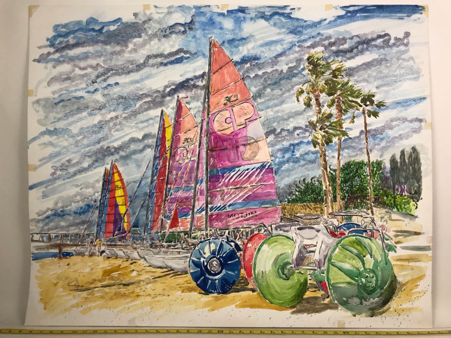 Original Signed Painting Of San Diego Bayfront With Hobie Sailboats By Maria 'Van Den Haag' Becker 40W X 32H [Photo 2]