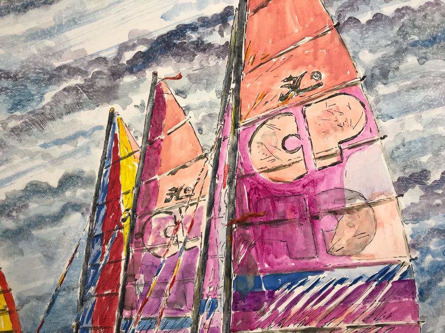 Original Signed Painting Of San Diego Bayfront With Hobie Sailboats By Maria 'Van Den Haag' Becker 40W X 32H [Photo 3]