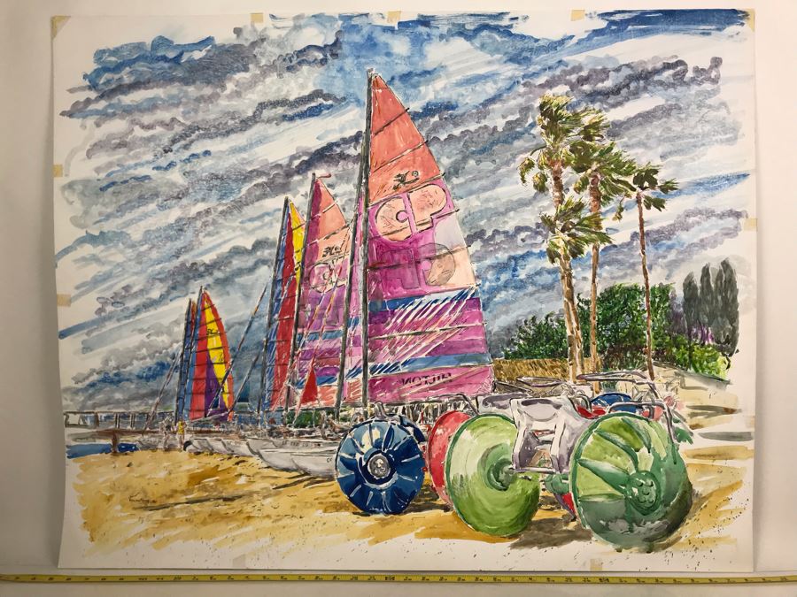 Original Signed Painting Of San Diego Bayfront With Hobie Sailboats By Maria 'Van Den Haag' Becker 40W X 32H [Photo 1]