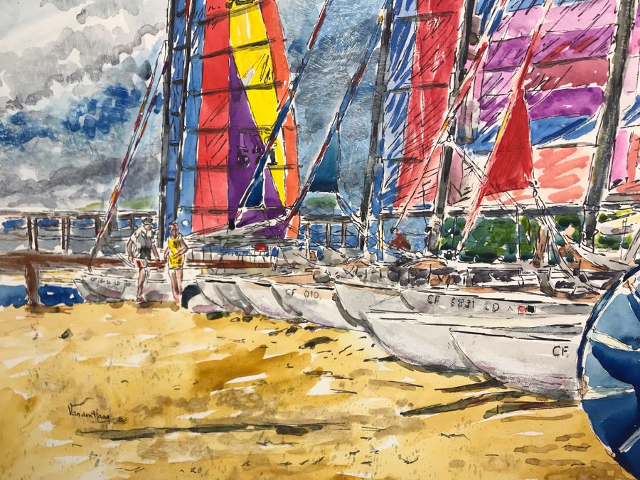Original Signed Painting Of San Diego Bayfront With Hobie Sailboats By Maria 'Van Den Haag' Becker 40W X 32H [Photo 4]