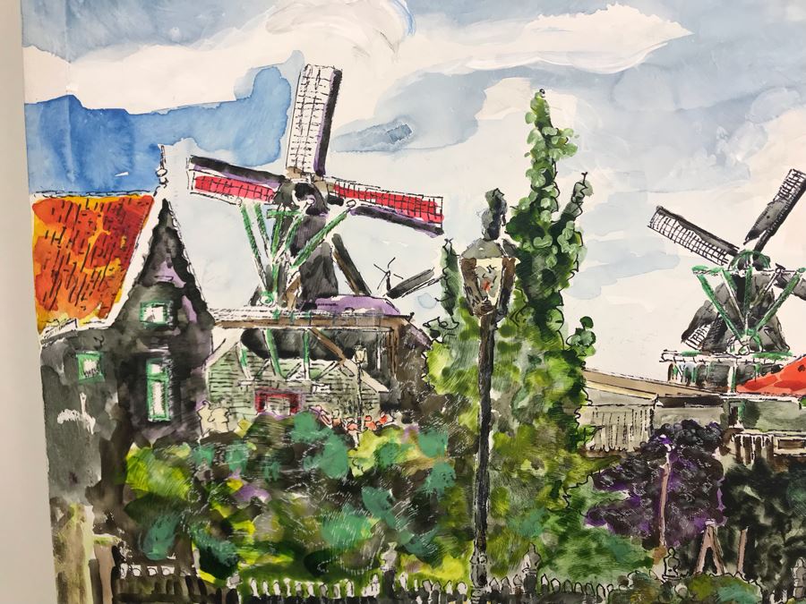 Original Signed Painting Of Holland Waterfront Town By Maria 'Van Den Haag' Becker 40W X 32H [Photo 4]