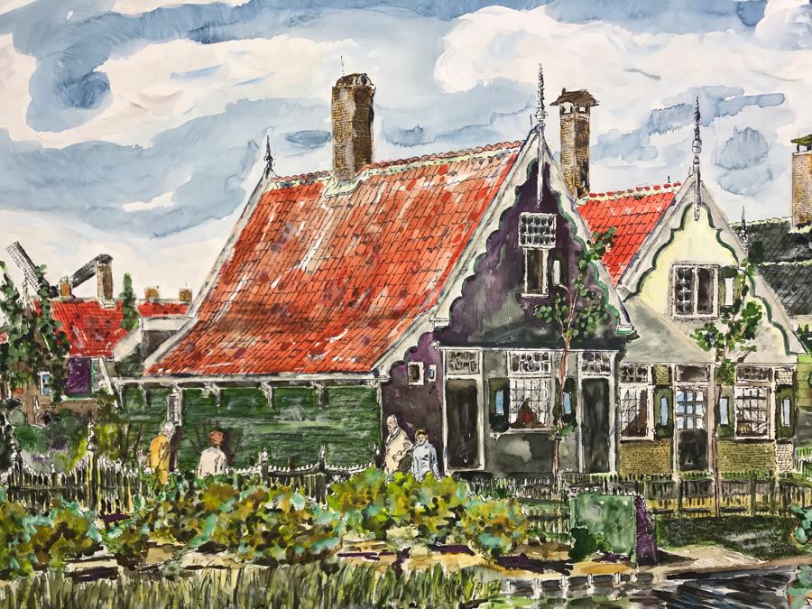 Original Signed Painting Of Holland Waterfront Town By Maria 'Van Den Haag' Becker 40W X 32H [Photo 6]