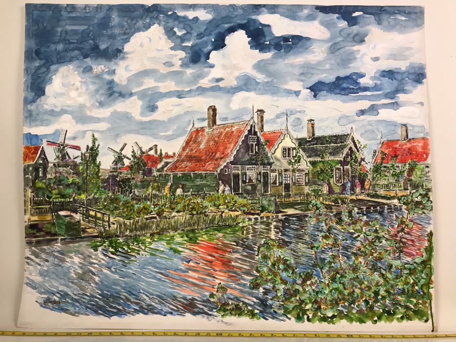 Original Signed Painting Of Holland Waterfront Town By Maria 'Van Den Haag' Becker 40W X 32H [Photo 2]