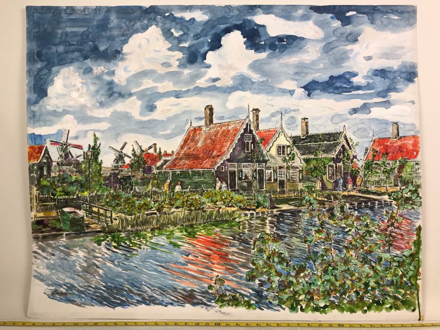 Original Signed Painting Of Holland Waterfront Town By Maria 'Van Den Haag' Becker 40W X 32H [Photo 1]