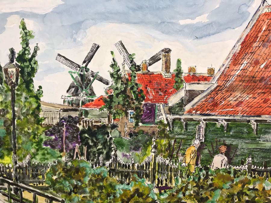 Original Signed Painting Of Holland Waterfront Town By Maria 'Van Den Haag' Becker 40W X 32H [Photo 5]