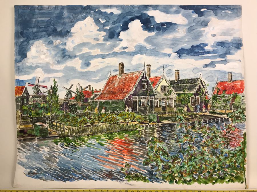 Original Signed Painting Of Holland Waterfront Town By Maria 'Van Den Haag' Becker 40W X 32H [Photo 3]