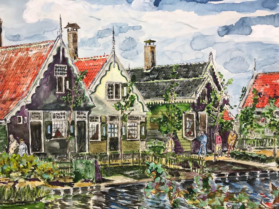Original Signed Painting Of Holland Waterfront Town By Maria 'Van Den Haag' Becker 40W X 32H [Photo 7]