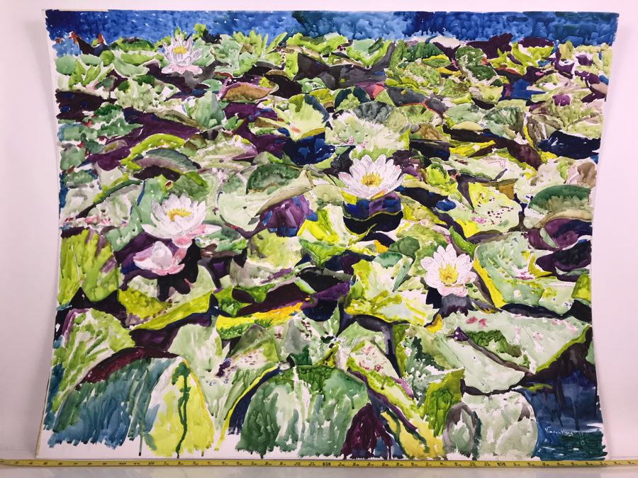 Original Signed Painting Of Water Lilies By Maria 'Van Den Haag' Becker 40W X 32H [Photo 2]