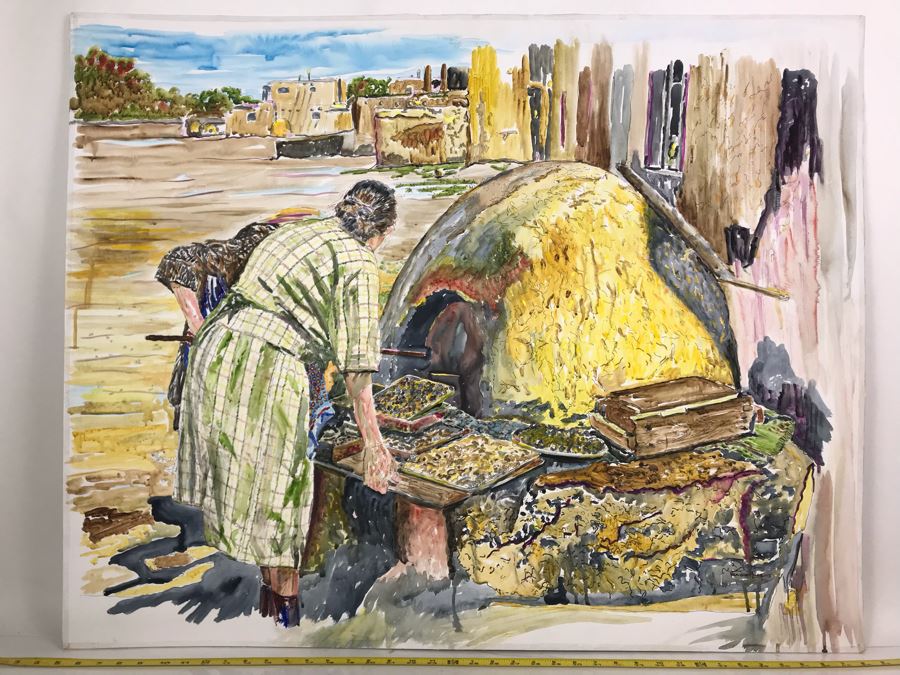 Original Signed Painting Of Native American Reservation Showing Women Cooking Titled 'Eat Your Heart Out Sara Lee' On By Maria 'Van Den Haag' Becker 40W X 32H [Photo 2]