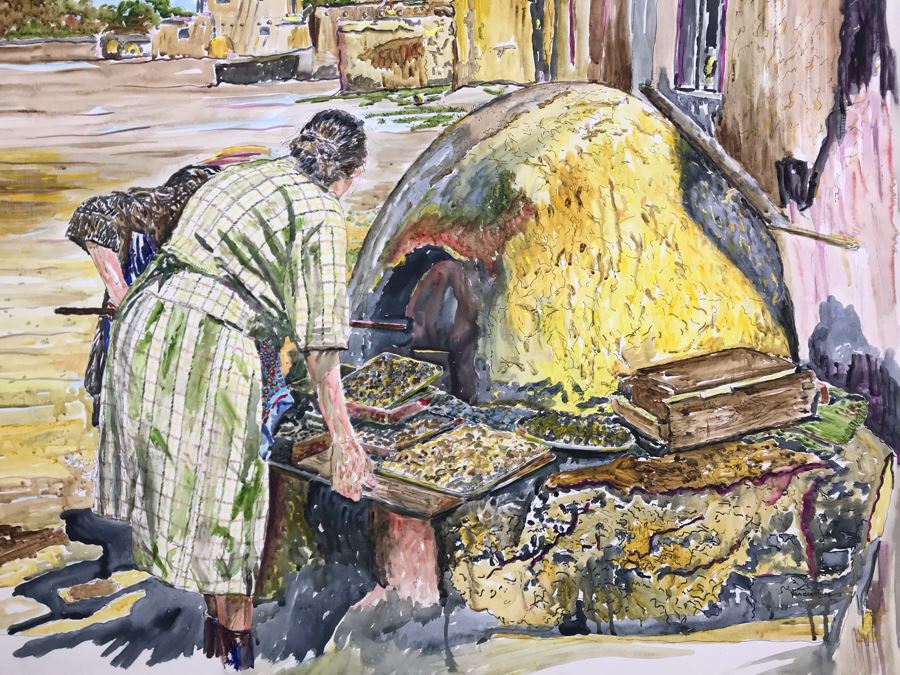 Original Signed Painting Of Native American Reservation Showing Women Cooking Titled 'Eat Your Heart Out Sara Lee' On By Maria 'Van Den Haag' Becker 40W X 32H [Photo 7]