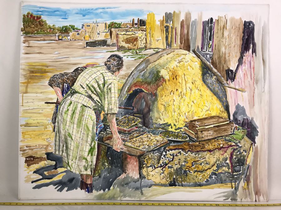 Original Signed Painting Of Native American Reservation Showing Women Cooking Titled 'Eat Your Heart Out Sara Lee' On By Maria 'Van Den Haag' Becker 40W X 32H