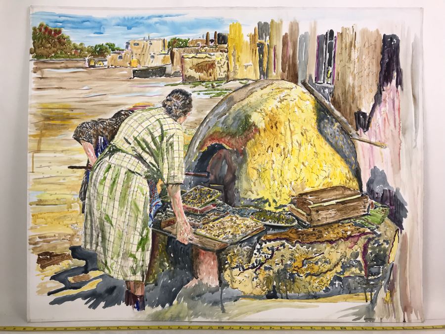 Original Signed Painting Of Native American Reservation Showing Women Cooking Titled 'Eat Your Heart Out Sara Lee' On By Maria 'Van Den Haag' Becker 40W X 32H [Photo 3]