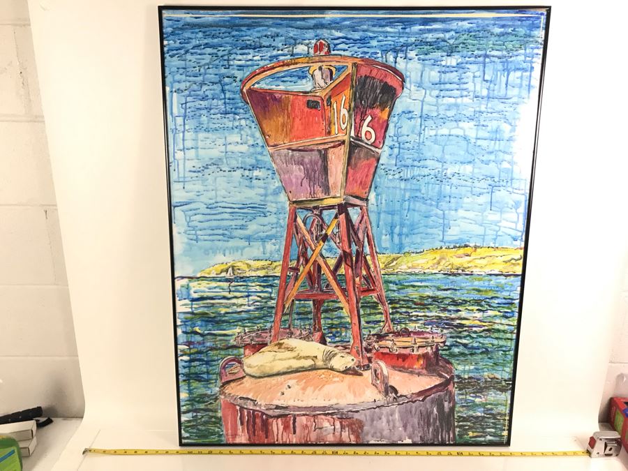 Original Signed Painting Of San Diego Bay Sea Lion Seal On Buoy By Maria 'Van Den Haag' Becker 32W X 40H [Photo 3]