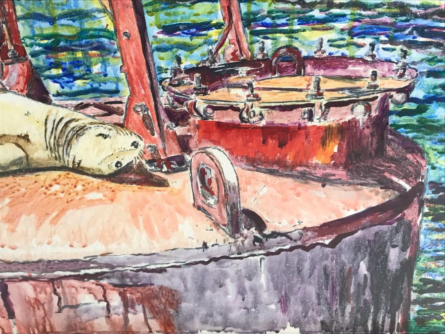 Original Signed Painting Of San Diego Bay Sea Lion Seal On Buoy By Maria 'Van Den Haag' Becker 32W X 40H [Photo 7]