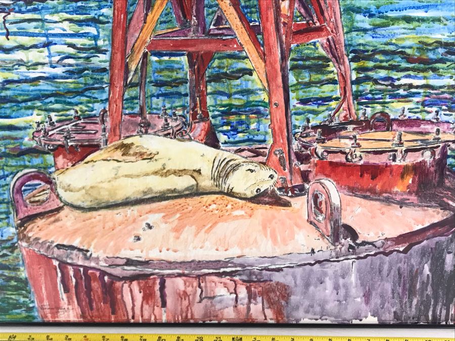 Original Signed Painting Of San Diego Bay Sea Lion Seal On Buoy By Maria 'Van Den Haag' Becker 32W X 40H [Photo 6]