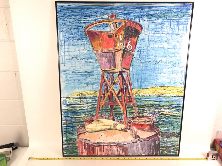 Original Signed Painting Of San Diego Bay Sea Lion Seal On Buoy By Maria 'Van Den Haag' Becker 32W X 40H
