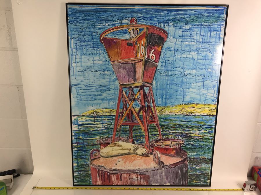 Original Signed Painting Of San Diego Bay Sea Lion Seal On Buoy By Maria 'Van Den Haag' Becker 32W X 40H [Photo 2]