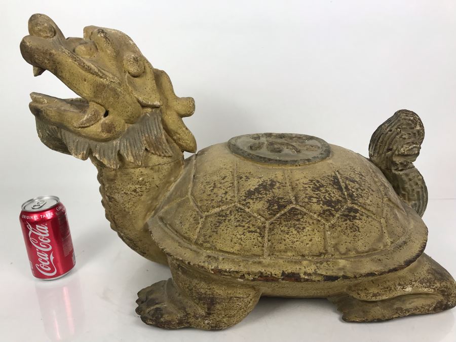 Old Chinese Large Hand Carved Wooden Turtle Sculpture With Writing On Turtle Shell 25W X 17D X 15H
