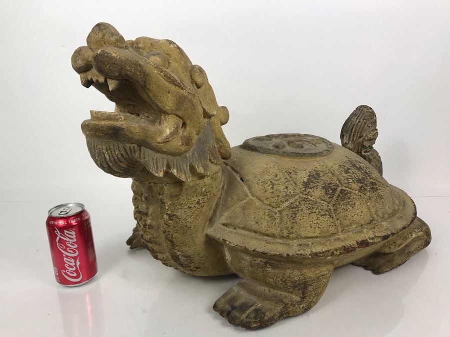 Old Chinese Large Hand Carved Wooden Turtle Sculpture With Writing On Turtle Shell 25W X 17D X 15H [Photo 3]