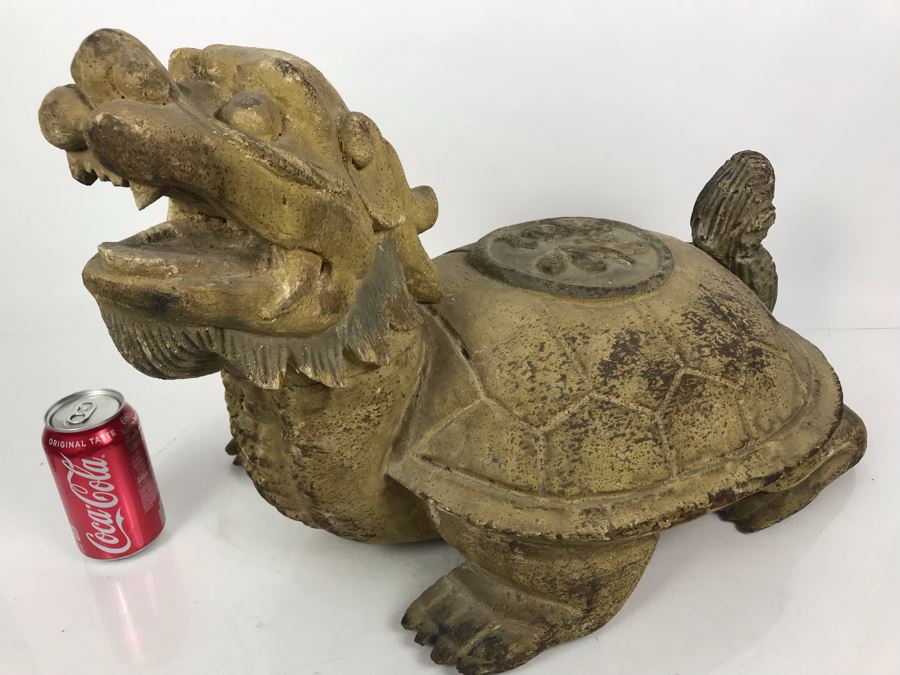 Old Chinese Large Hand Carved Wooden Turtle Sculpture With Writing On Turtle Shell 25W X 17D X 15H [Photo 2]