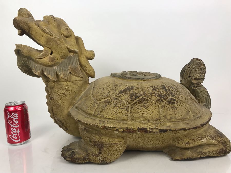 Old Chinese Large Hand Carved Wooden Turtle Sculpture With Writing On Turtle Shell 25W X 17D X 15H [Photo 4]