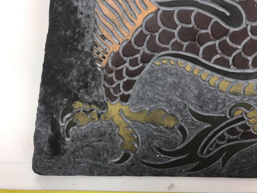 Original Signed Carved Slate Wax Colored Plaque Of Dragon 20 X 18 [Photo 6]