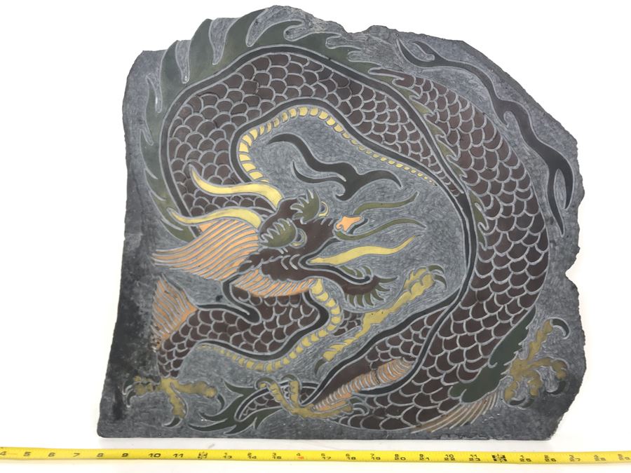 Original Signed Carved Slate Wax Colored Plaque Of Dragon 20 X 18