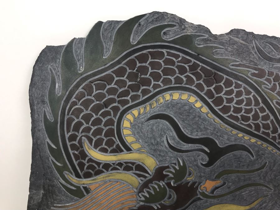 Original Signed Carved Slate Wax Colored Plaque Of Dragon 20 X 18 [Photo 8]