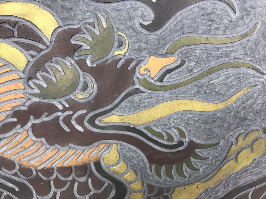 Original Signed Carved Slate Wax Colored Plaque Of Dragon 20 X 18 [Photo 5]