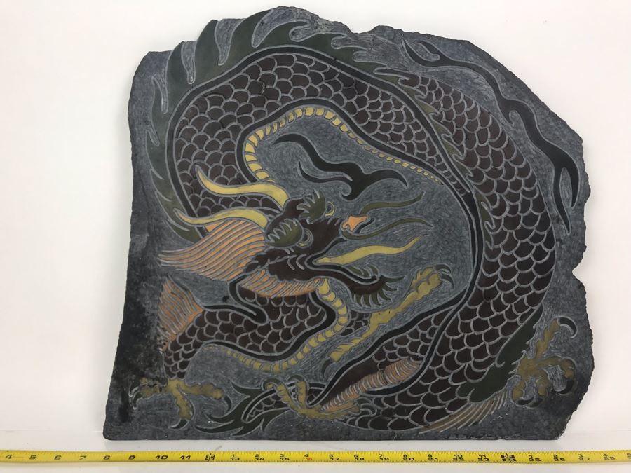 Original Signed Carved Slate Wax Colored Plaque Of Dragon 20 X 18 [Photo 2]