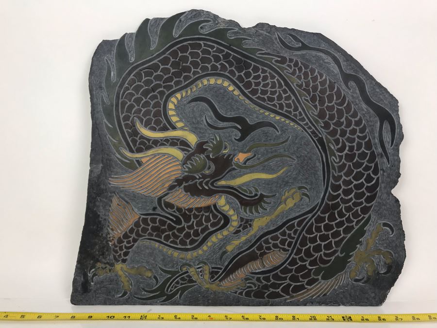 Original Signed Carved Slate Wax Colored Plaque Of Dragon 20 X 18 [Photo 3]