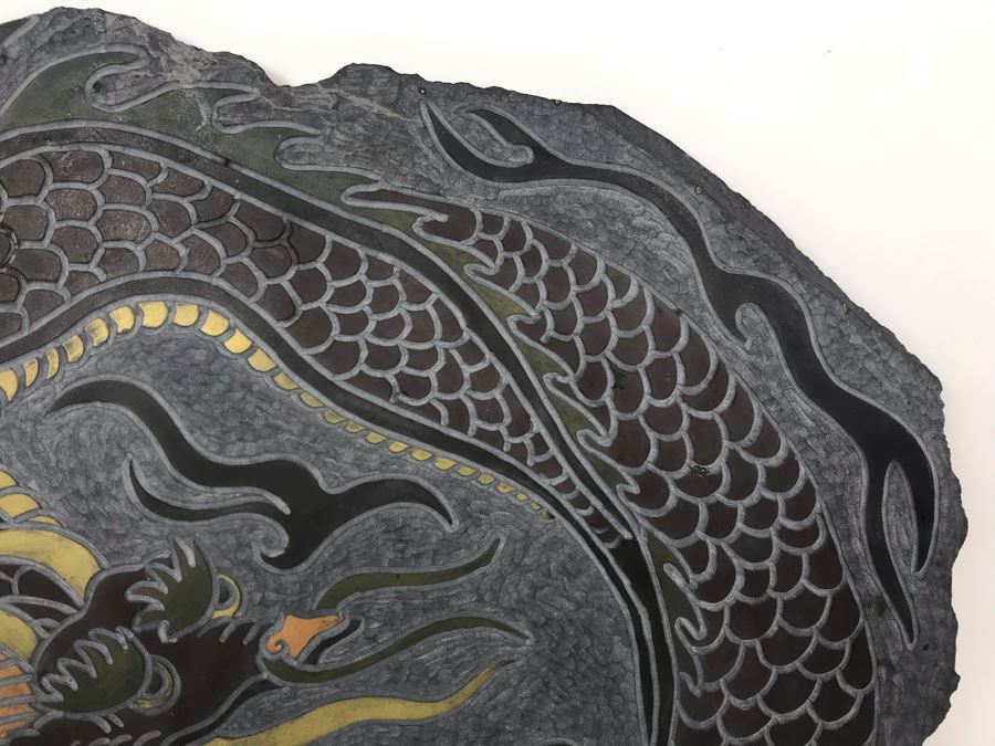 Original Signed Carved Slate Wax Colored Plaque Of Dragon 20 X 18 [Photo 9]