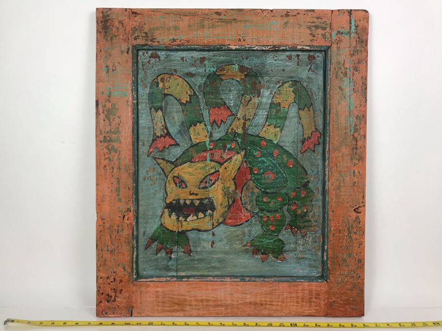 Vintage Shabby Chic Handpainted Folk Artwork Door 23W X 26.5H [Photo 2]