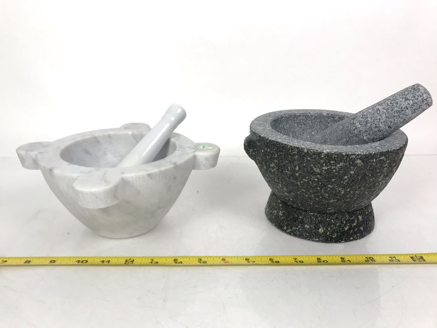 Pair Of Mortars And Pestles - White Marble Made In Italy