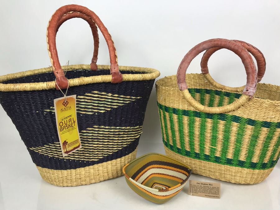 JUST ADDED - Pair Of Alaffia Handwoven African Grass Basket And Zulu Telephone Wire Woven South African Bowl [Photo 2]